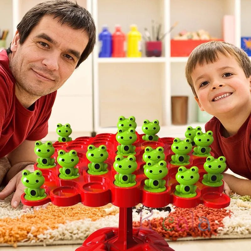 Parent and child playing the balancing frog tree math puzzle toy together for shared learning and family game time.