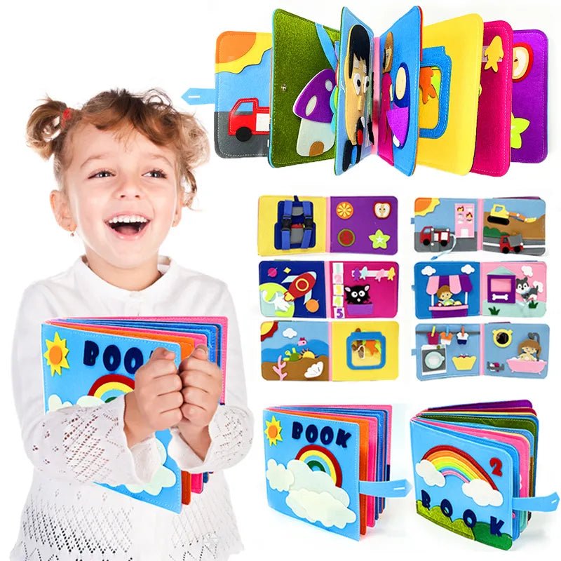 Child holding the Montessori busy board soft book for early sensory learning play.