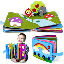 3D Montessori Busy Board sensory cloth story book with animal figures for babies exploring textures during tummy time.