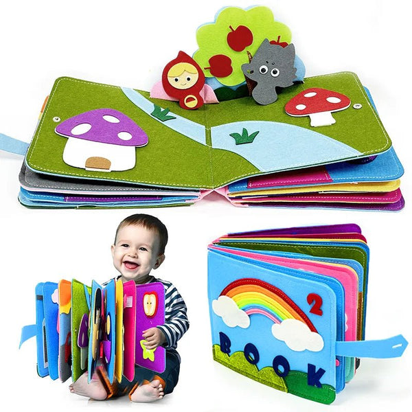 3D Montessori Busy Board sensory cloth story book with animal figures for babies exploring textures during tummy time.