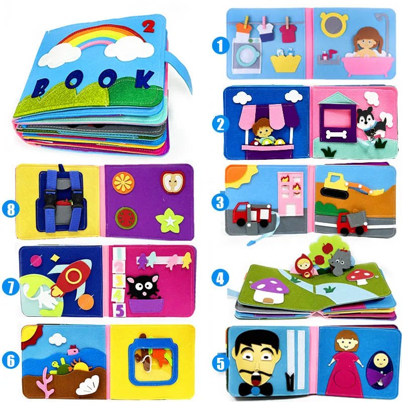 Collection of Montessori busy board cloth story books with varied scenes for babies building focus and curiosity.