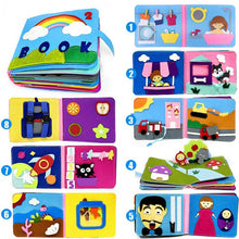 Collection of Montessori busy board cloth story books with varied scenes for babies building focus and curiosity.