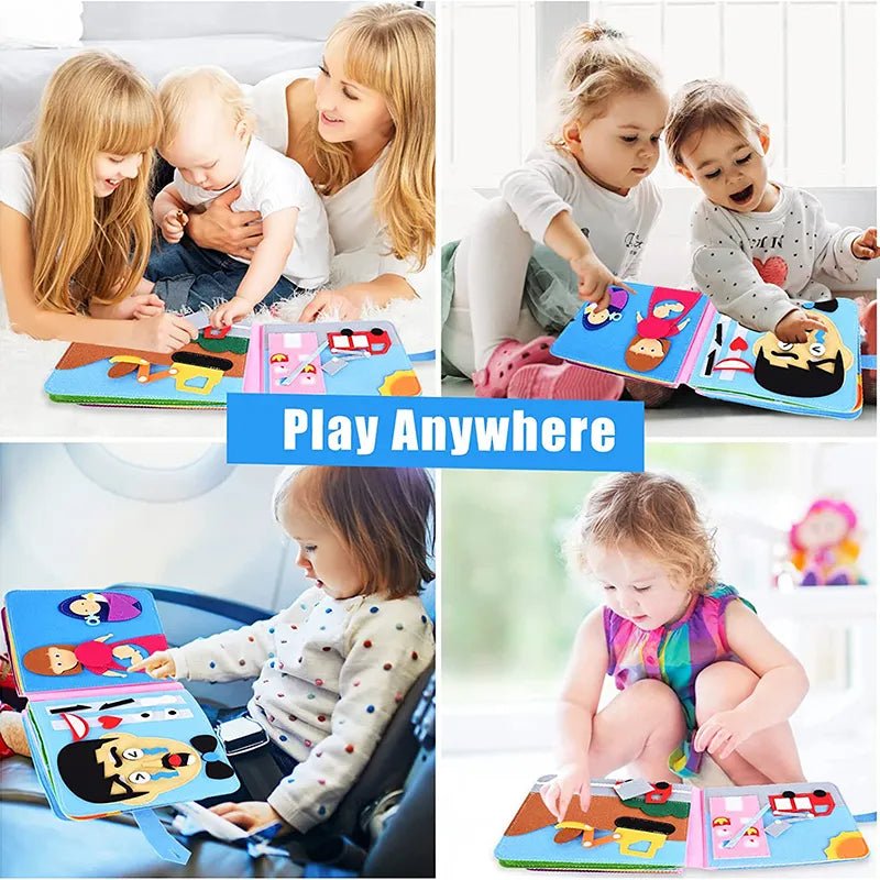 Montessori busy board sensory cloth book taken along for stroller rides, car trips, and on-the-go quiet play.