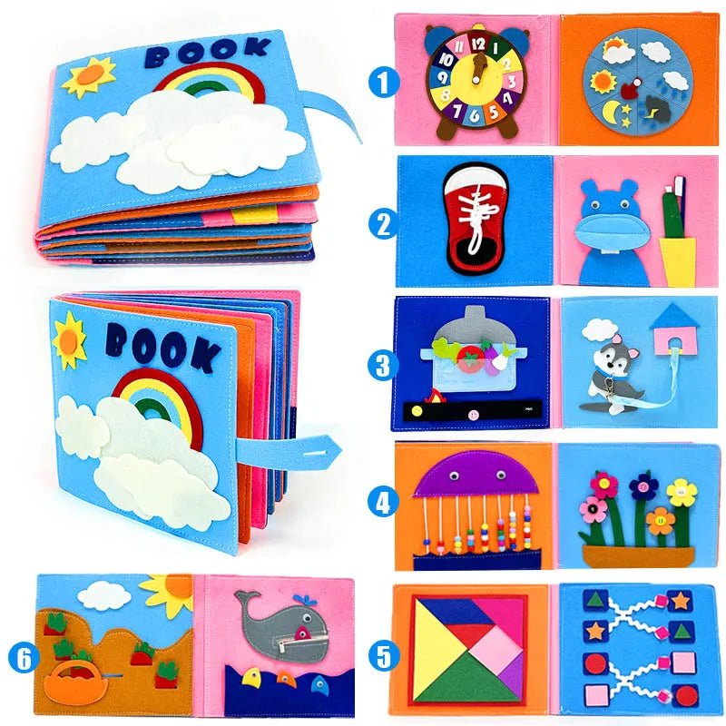 Montessori sensory cloth story book with colourful educational pages for babies discovering textures and sounds.