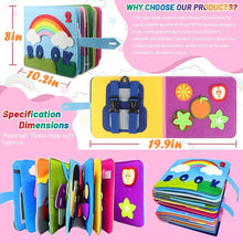 Montessori busy board soft book shown with dimensions and material details for parents.