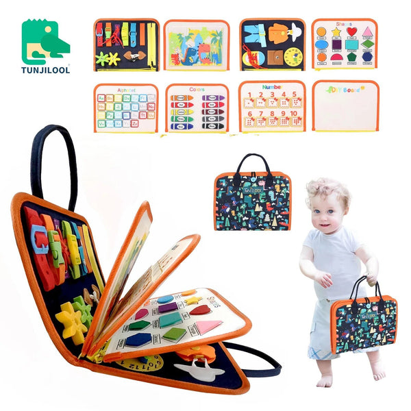 Montessori Busy Board learning toy set with colorful compartments, shown with a child holding the matching bag.
