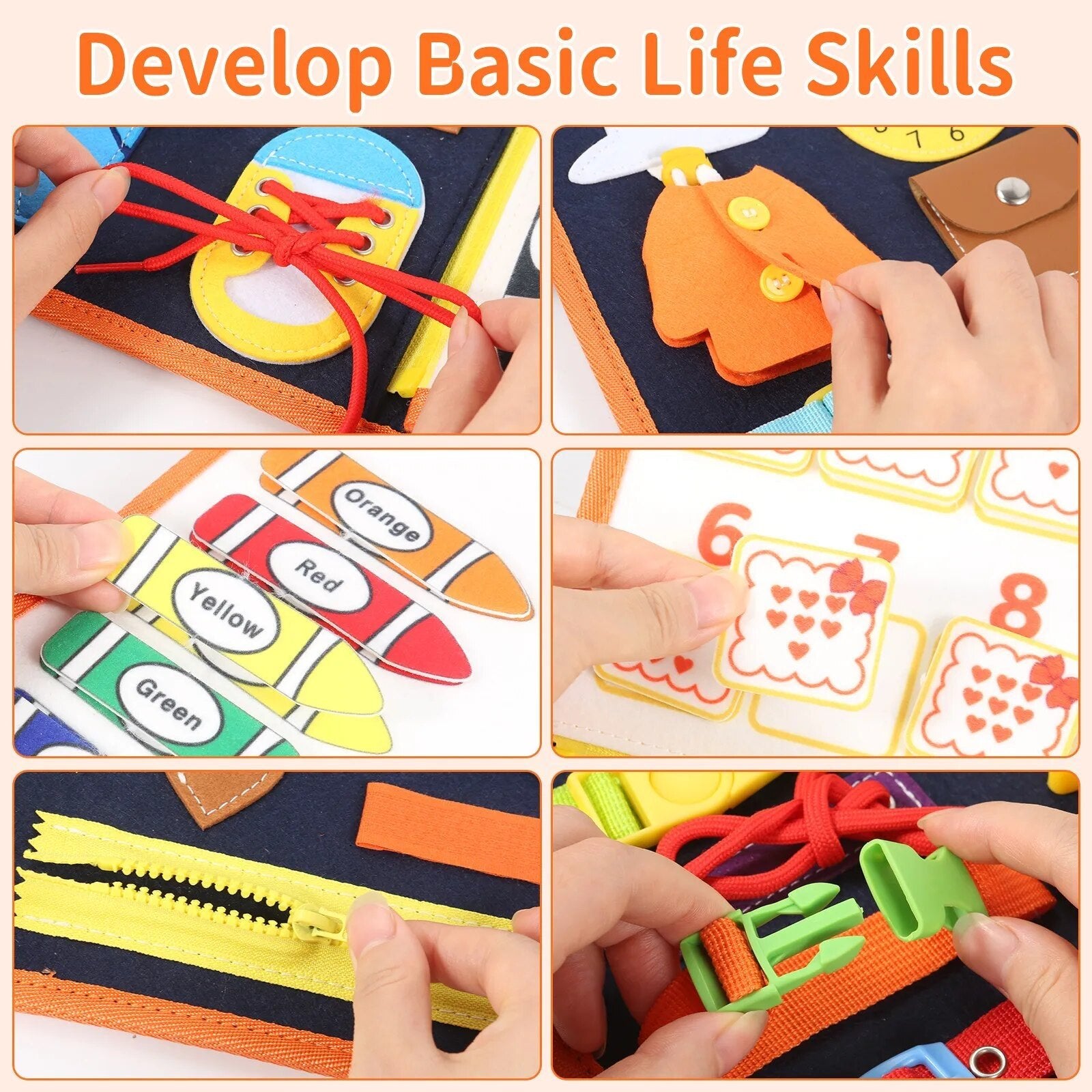 Montessori Busy Board learning toy featuring life skills activities for toddler daily routine practice.