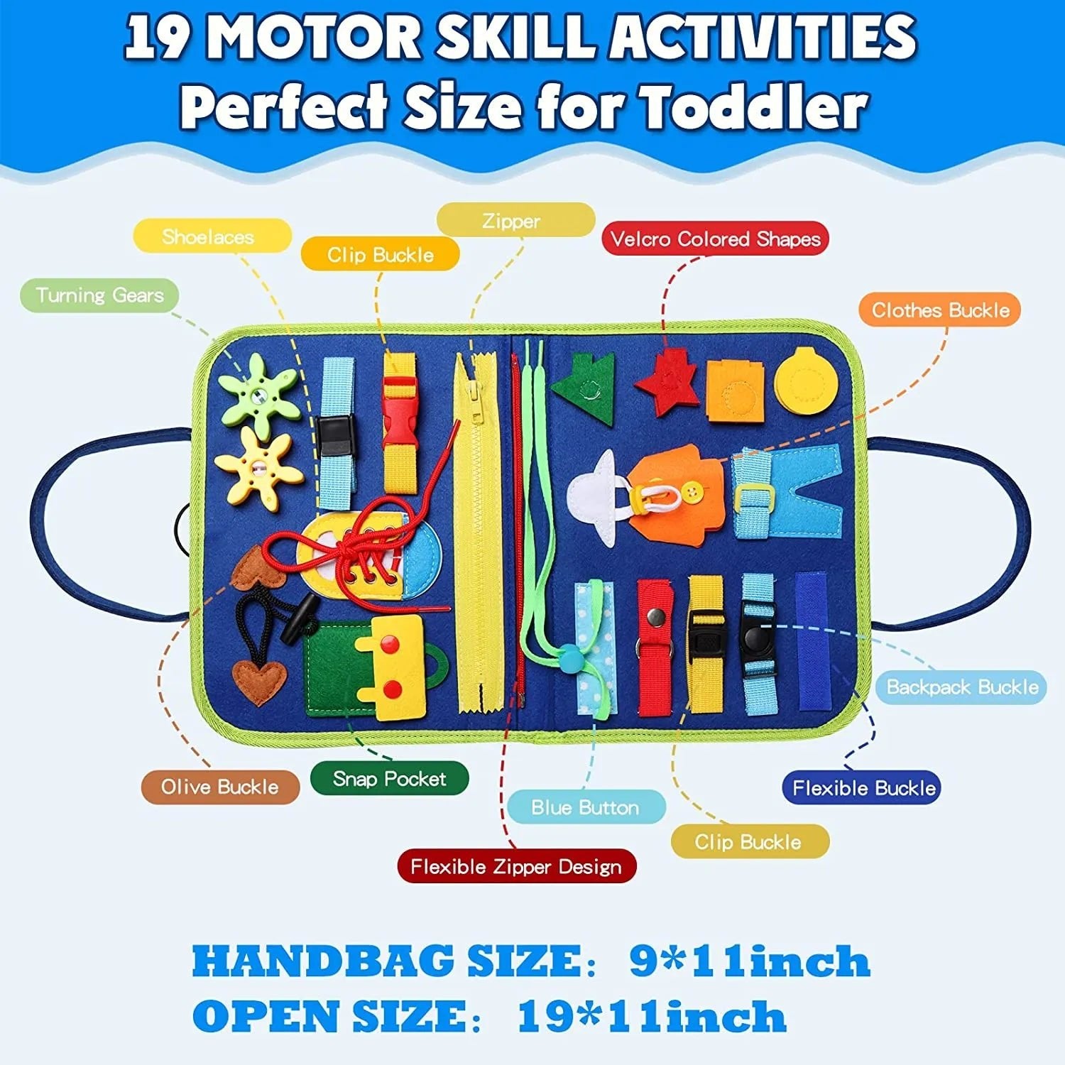 Montessori Busy Board motor skill activity kit with colorful components for toddler hands-on learning and travel play.