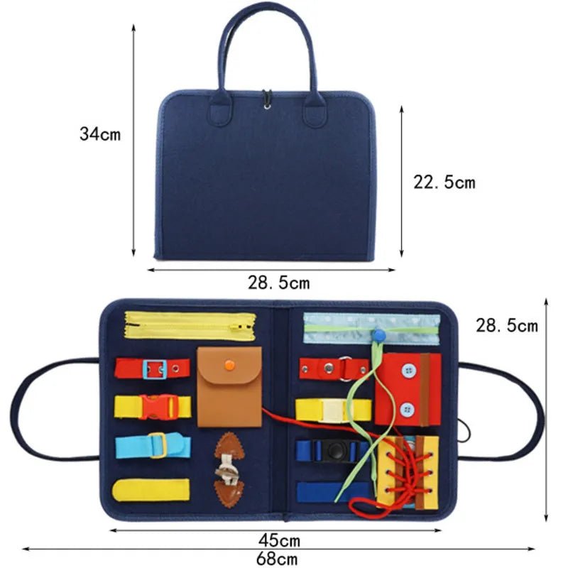 Blue Montessori Busy Board organizer bag with labeled compartments for toddler travel and skill sorting.