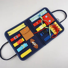Montessori Busy Board educational tool roll with compartments for preschool kids practicing daily tasks.
