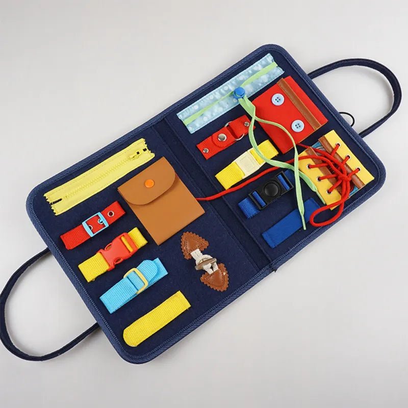 Montessori Busy Board educational tool roll with compartments for preschool kids practicing daily tasks.