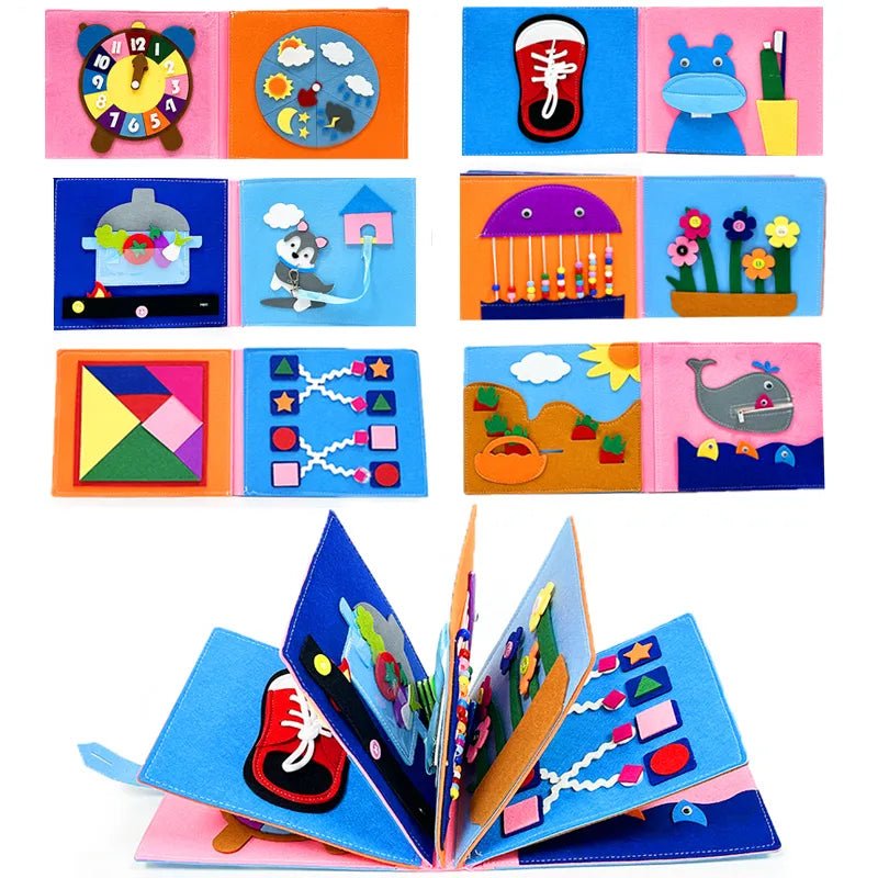 Montessori sensory busy board cloth book with educational pages for babies aged 0-3 years learning shapes and colours.