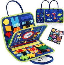 Montessori Busy Board sensory motor skills toy shown open in its carrying case for on-the-go toddler activities.