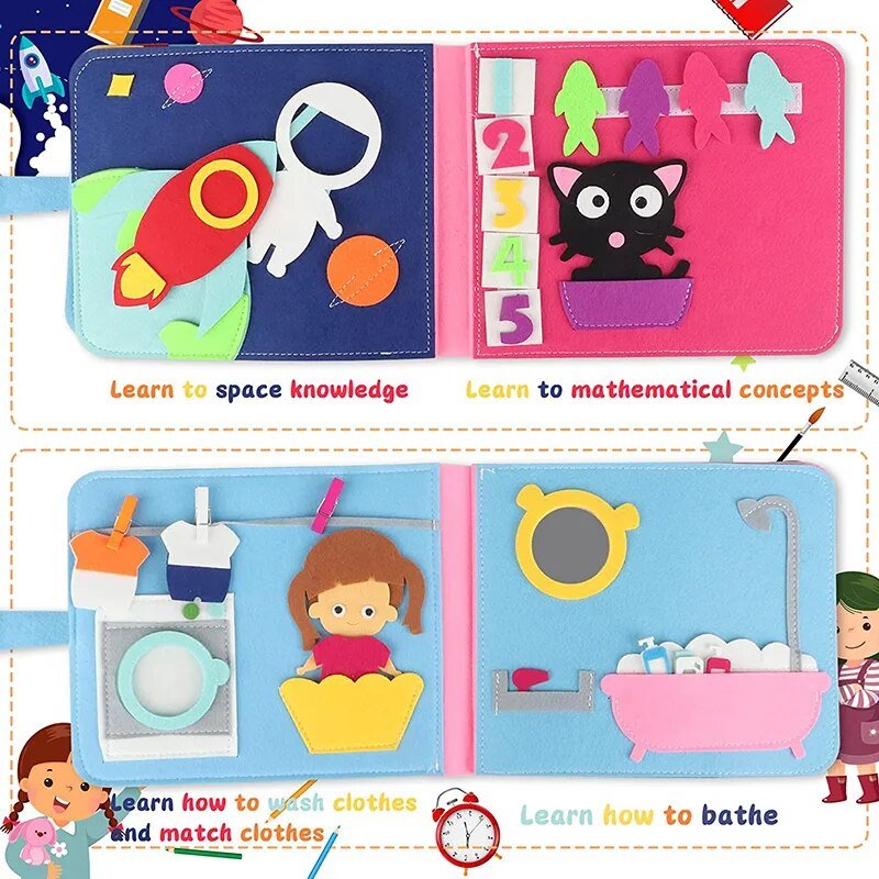 Montessori busy board book featuring space-themed illustrations for early learning sensory play.