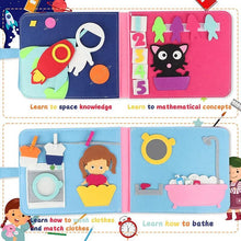 Montessori busy board book featuring space-themed illustrations for early learning sensory play.