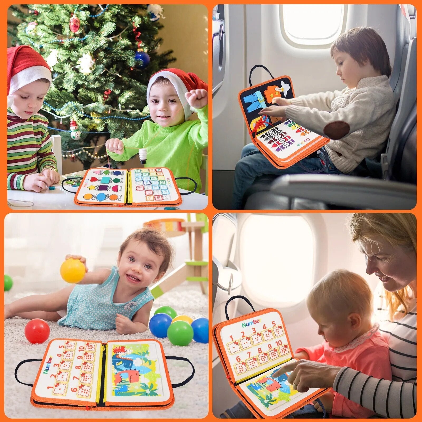 Collage of children using the Montessori Busy Board learning toy at home, during holidays, and on flights.