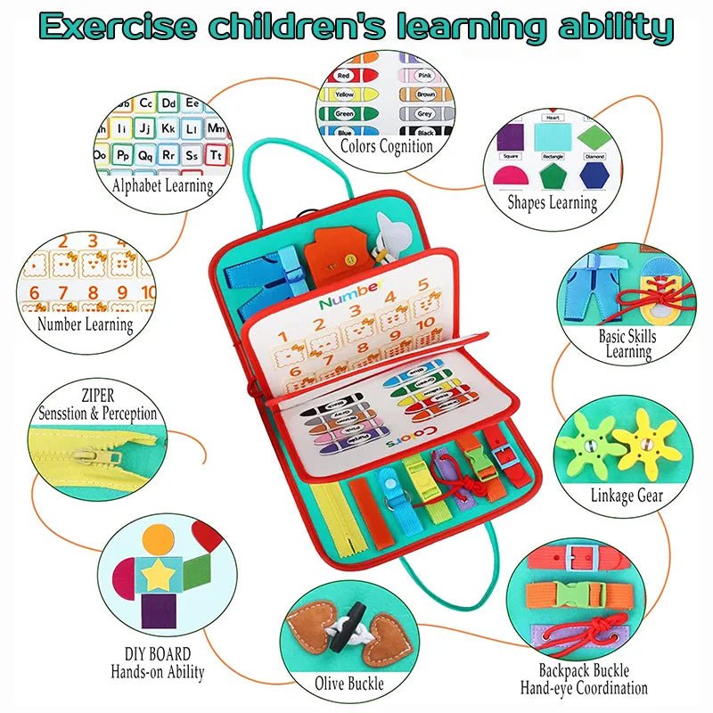 Montessori Busy Board toy set with a chart showing learning activities for toddler skill development.