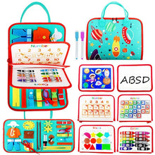 Montessori Busy Board toddler toy set with colorful compartments and learning materials for daily skill practice.