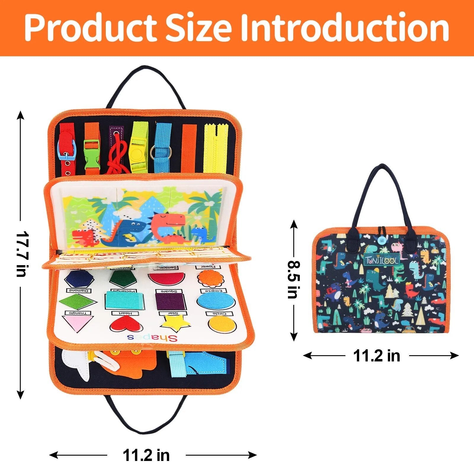 Montessori Busy Board learning toy size chart showing dimensions for toddler travel and play planning.