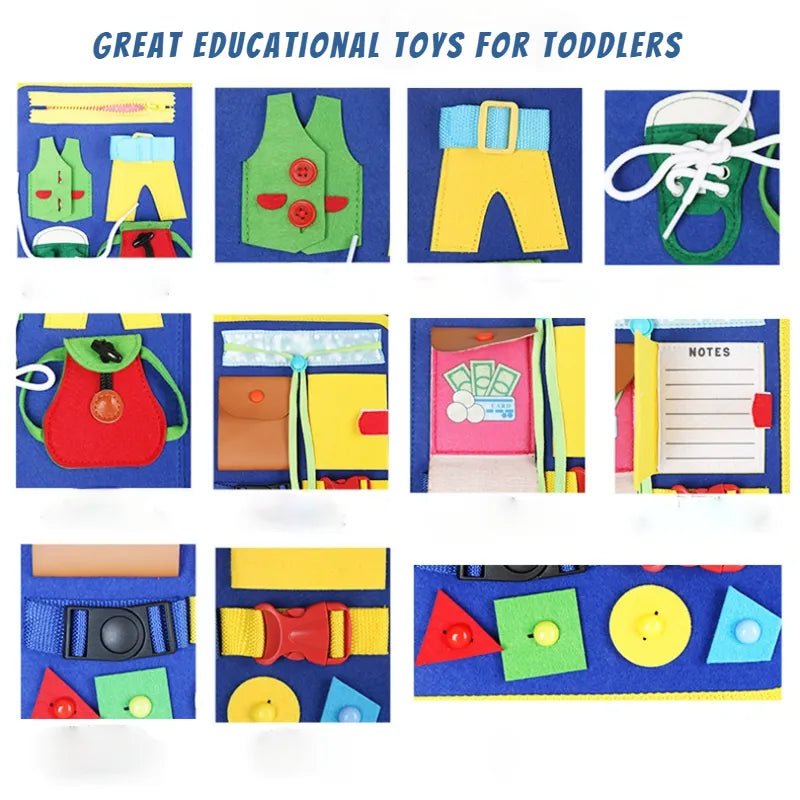 Montessori Busy Board travel toy for kids ages 1 to 3 arranged to show colorful learning components.