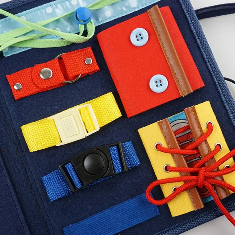 Montessori Busy Board activity book with zipper, button, and shoelace practice for toddler dressing skills.