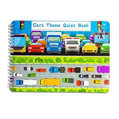 Montessori Busy Book cars-themed page for toddler vehicle recognition and quiet play.