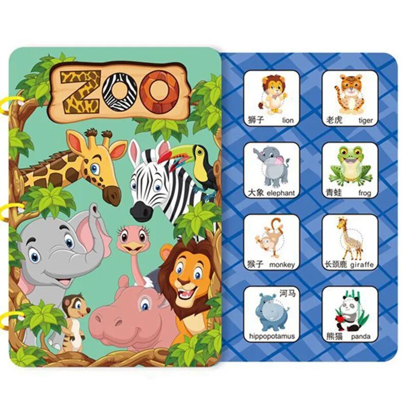 Montessori Busy Book page with cartoon animals and animal names for toddler vocabulary learning.