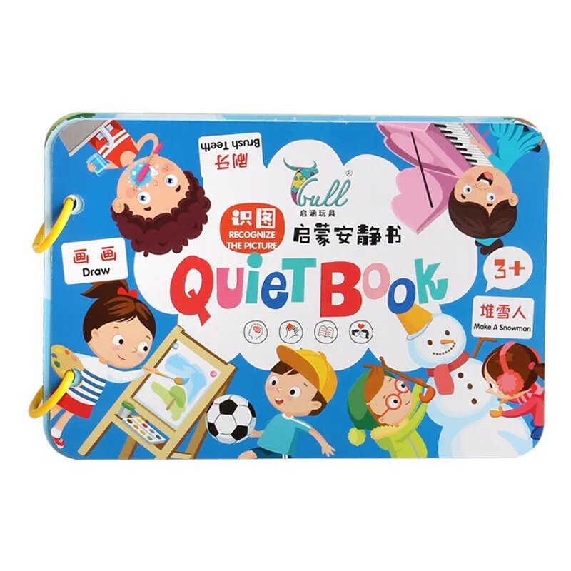 Montessori Busy Book cover with colorful illustrations on a blue background for toddler quiet play.