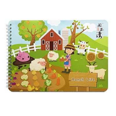 Montessori Busy Book farm scene cover with barn and animals, alternate view for toddler learning play.