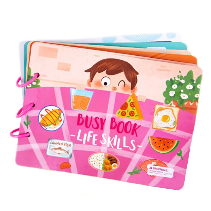 Montessori Busy Book life skills page with colorful illustrations for toddler daily routine practice.