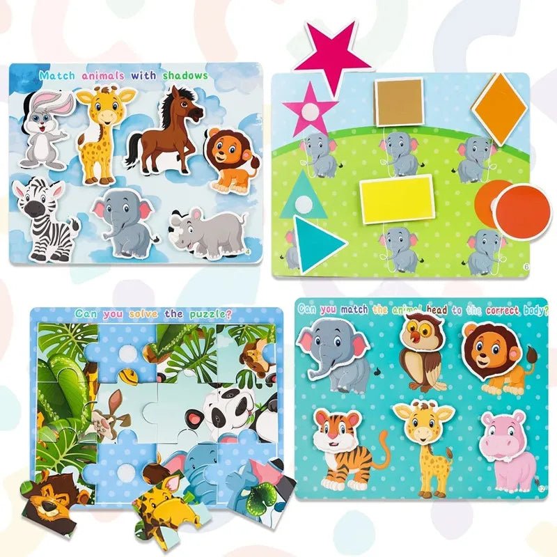 Montessori Busy Book puzzle game pages with animal illustrations for toddler matching and sorting practice.