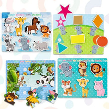 Montessori Busy Book puzzle game pages with animal illustrations for toddler matching and sorting practice.