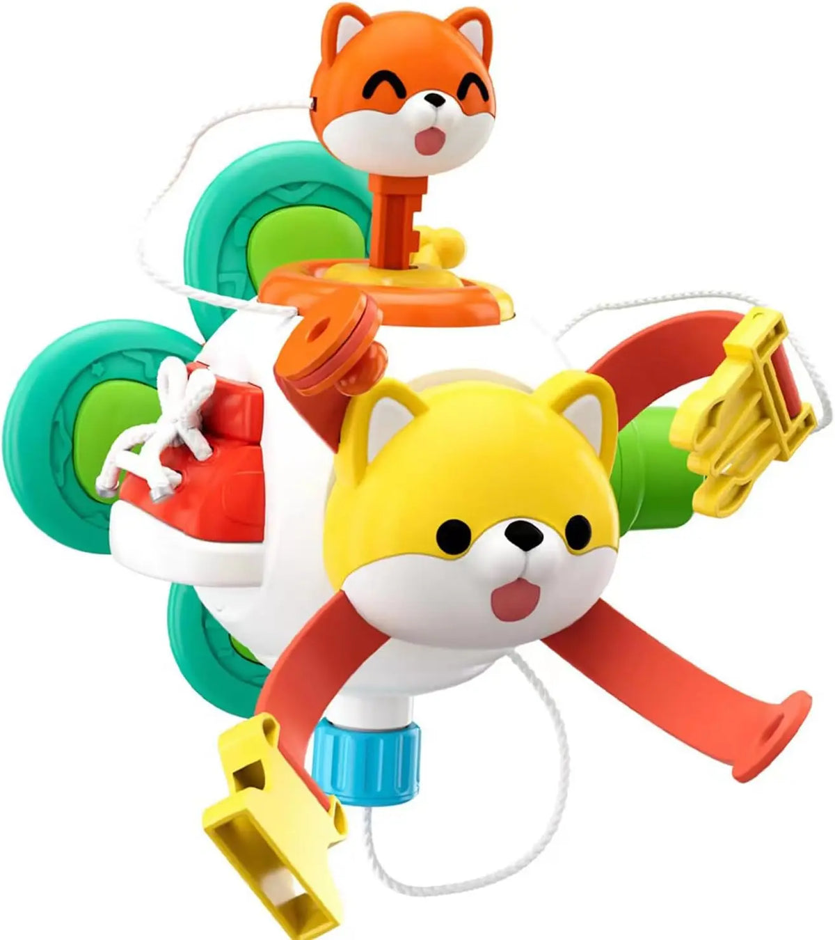 Busy cube with a fox figure on top, a dog face, a shoe lace panel and straps on a white background