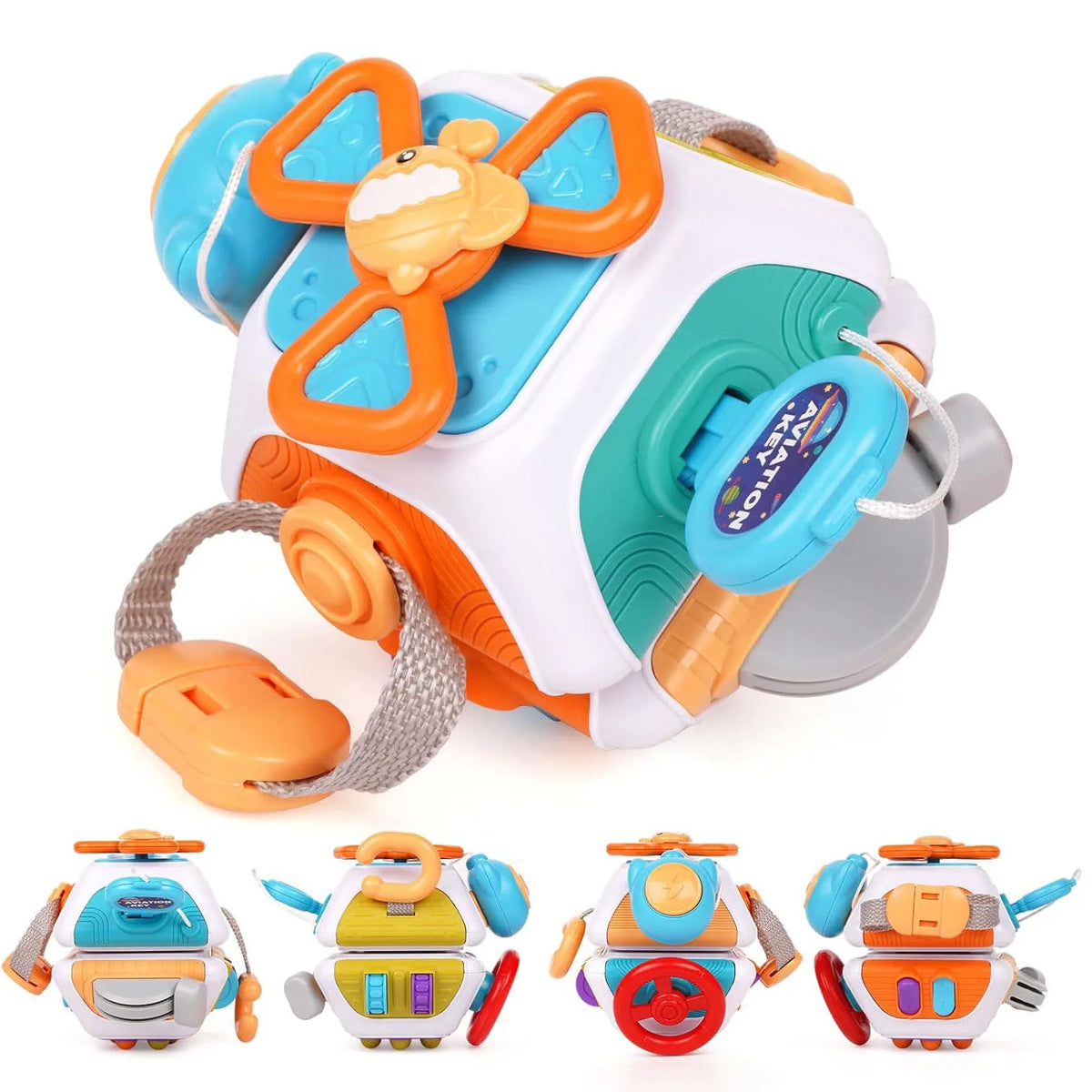 Orange and blue busy cube with a spinner and strap, shown with four other cube designs below