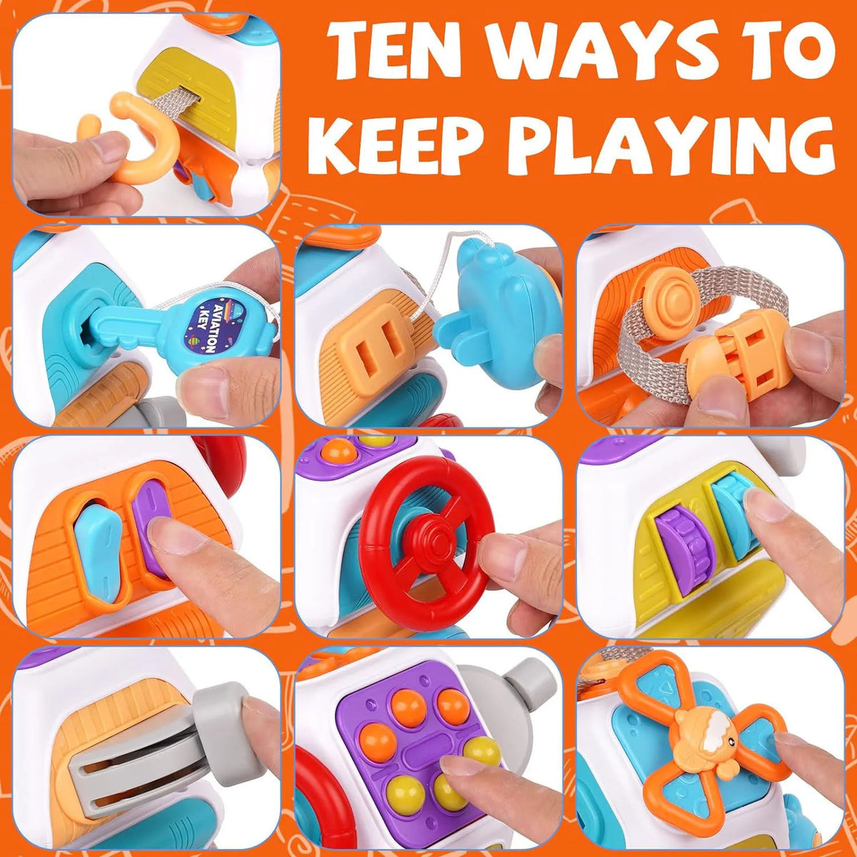 Collage of ten ways to play with the busy cube, including switches, a steering wheel and buttons