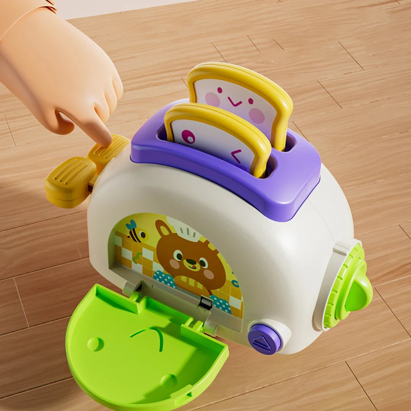 Hand pressing a toaster-shaped activity toy with a bear panel and a green door