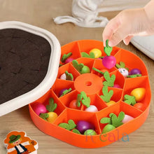 Montessori Colorful Shape Carrot toy game board with compartments filled with small sorting toys.