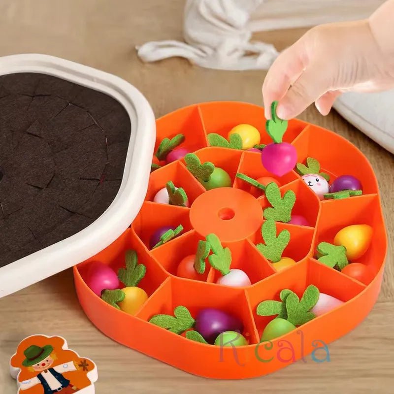 Montessori Colorful Shape Carrot toy game board with compartments filled with small sorting toys.