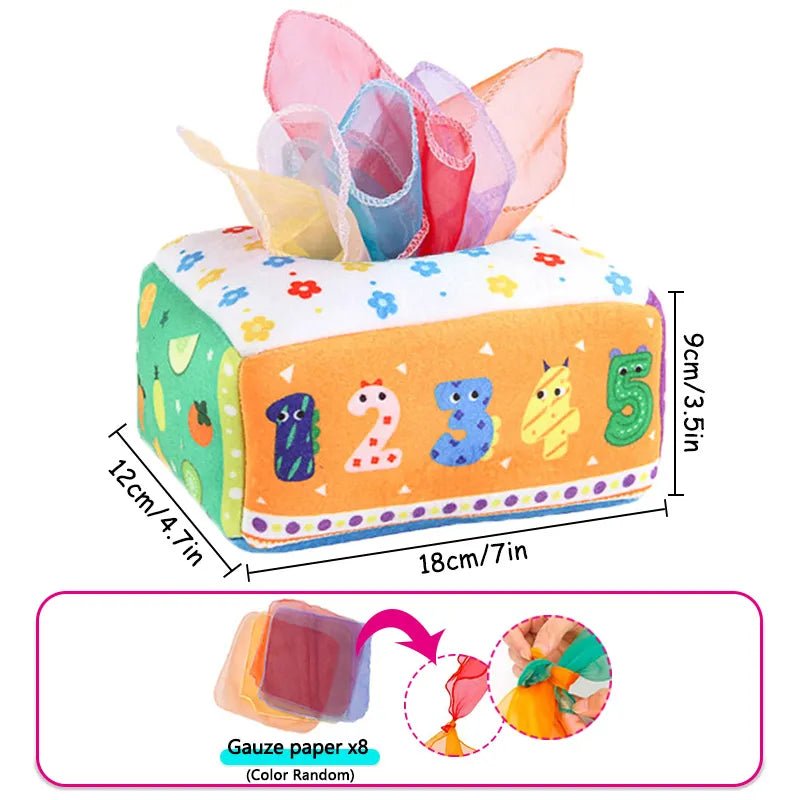 Colorful tissue box cover with numbers and animals, featuring gauze paper.