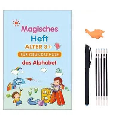 Reusable Montessori Copybook Magisches Heft edition with pen and pencils for children's writing practice.
