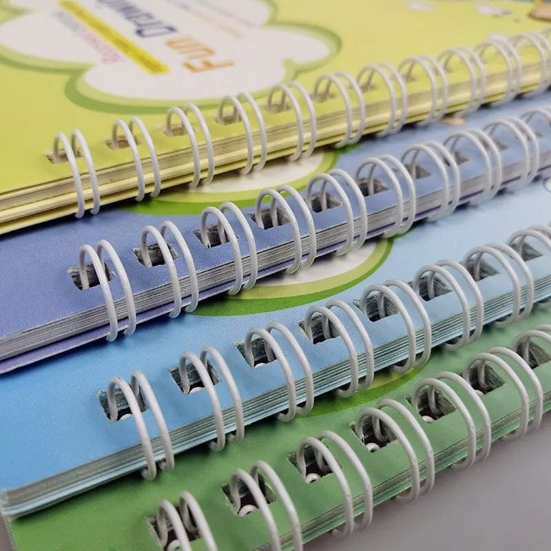 Stack of colorful Reusable Montessori Copybook notebooks for children's writing and calligraphy practice.