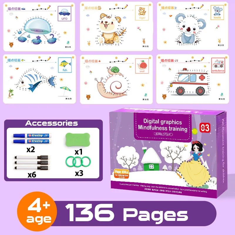 Montessori Drawing and Math Game activity book set, second view with purple background accessories.