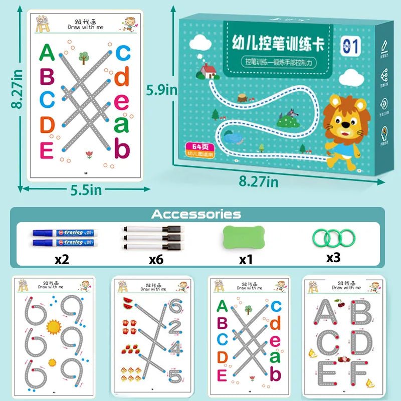 Montessori Drawing and Math Game set with writing practice cards, storage box, and accessories.