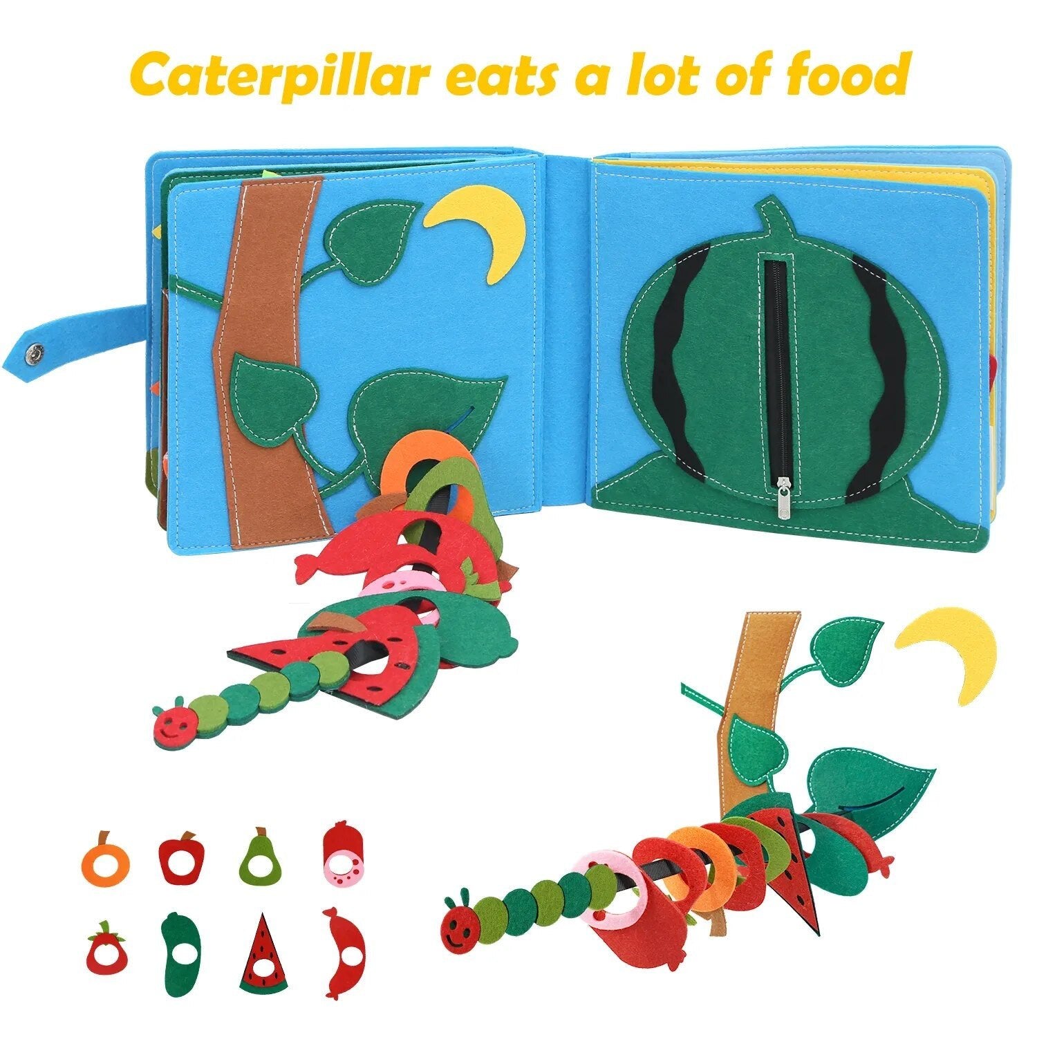 Montessori Fawn cloth book page with a caterpillar and food pieces for baby girl learning play.