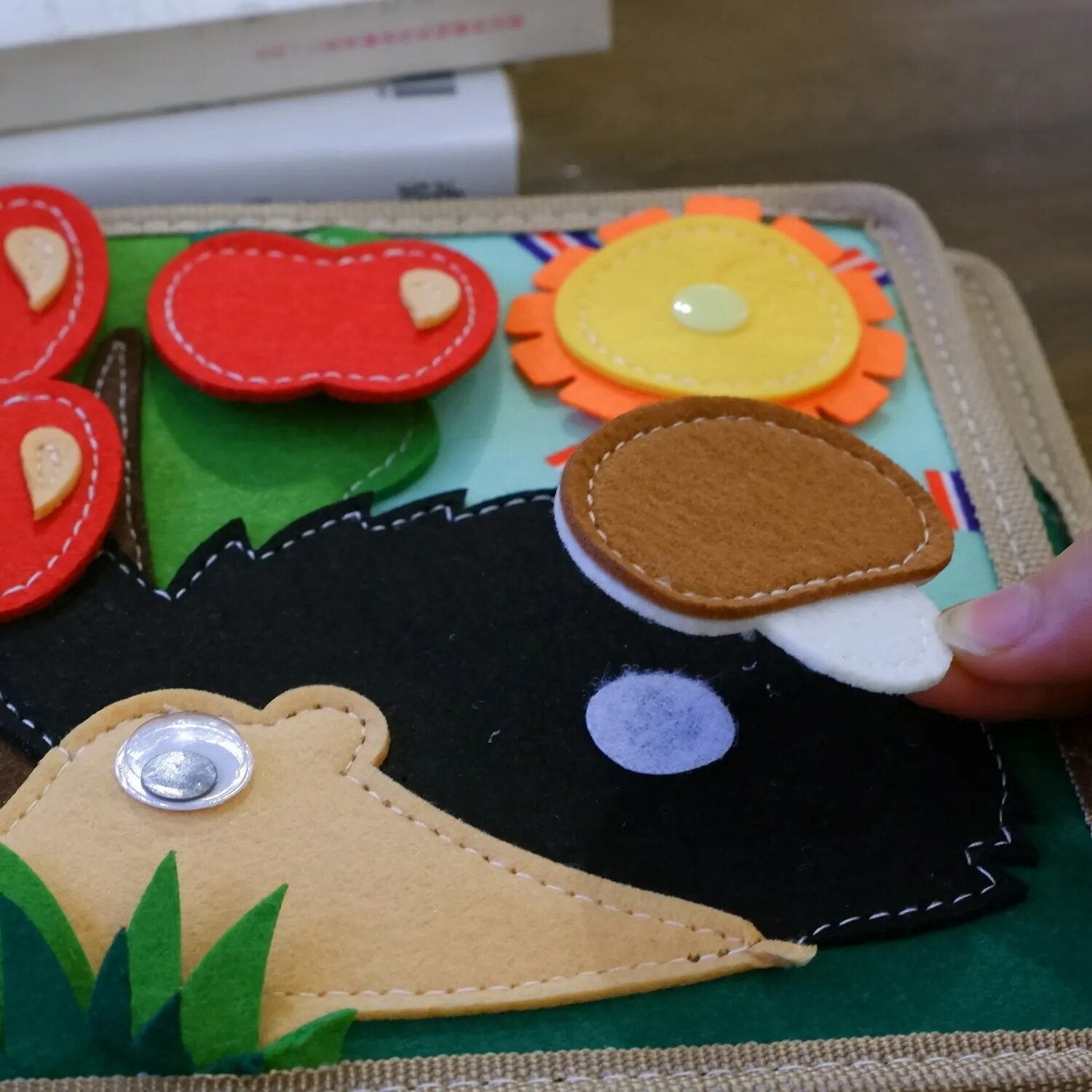 Montessori Fawn cloth book felt food set with colorful pieces for baby girl pretend play.