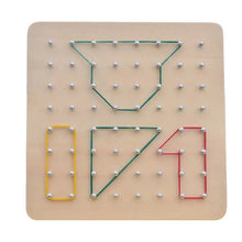 Montessori Graphics Nail Board pegboard with colored strings forming shapes for kids creative learning.