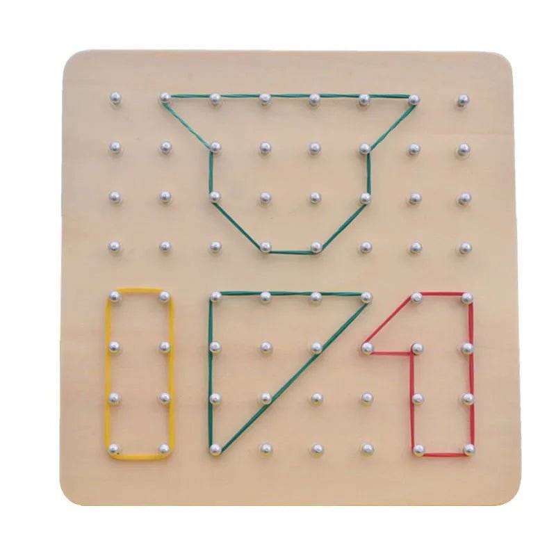 Montessori Graphics Nail Board pegboard with colored strings forming shapes for kids creative learning.
