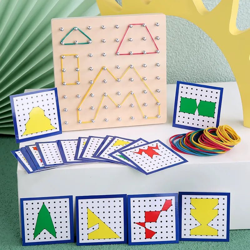 Montessori Graphics Nail Board toy set with geometric shape pattern cards for kids creative learning.