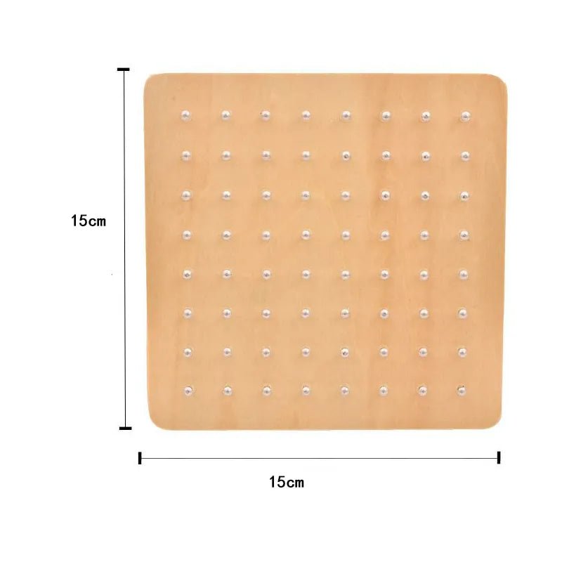 Montessori Graphics Nail Board pegboard close-up showing holes and dimensions for kids creative toy.