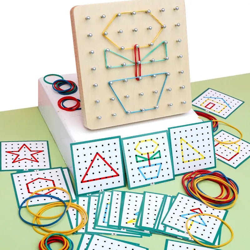 Montessori Graphics Nail Board pegboard toy with rubber bands for kids creative shape-making play.